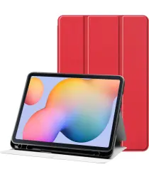Samsung Galaxy Tab S6 Lite Hoes Luxe Tri-Fold Book Case Kunst Leer Rood afbeelding