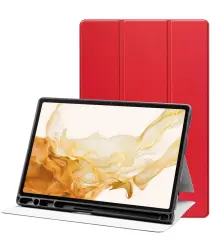 Samsung Galaxy Tab S8+/S7+/S7 FE Hoes Luxe Tri-Fold Book Case Kunst Leer Rood afbeelding