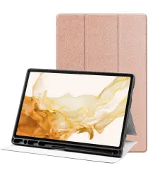 Samsung Galaxy Tab S8+/S7+/S7 FE Hoes Luxe Tri-Fold Book Case Kunst Leer Roze afbeelding