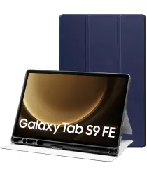 Samsung Galaxy Tab S9 / S9 FE Hoes Luxe Tri-Fold Book Case Kunst Leer Blauw afbeelding