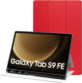 Samsung Galaxy Tab S9 / S9 FE Hoes Luxe Tri-Fold Book Case Kunst Leer Rood afbeelding