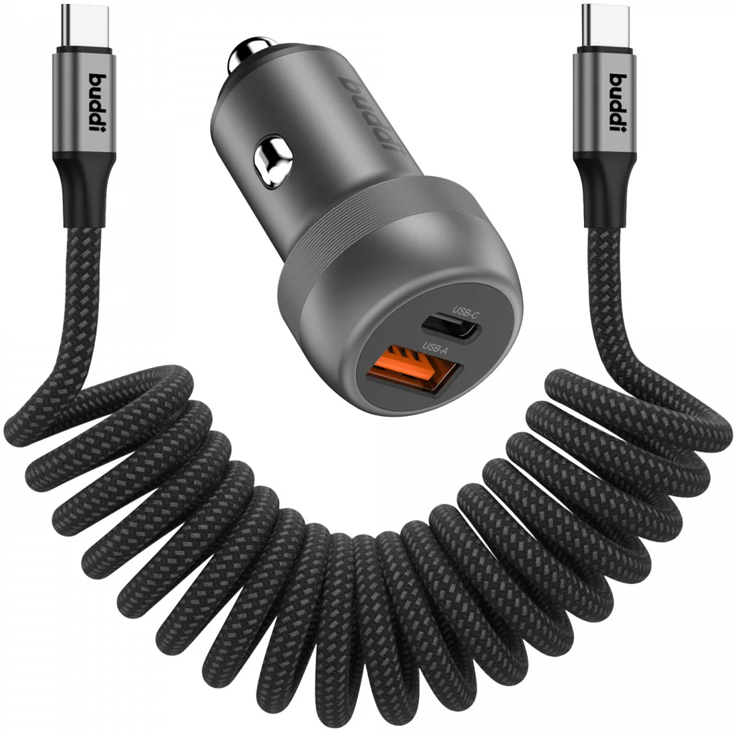 Buddi Power 89W USB-A / USB-C Autolader met USB-C naar USB-C Krulsnoer Kabel afbeelding 1
