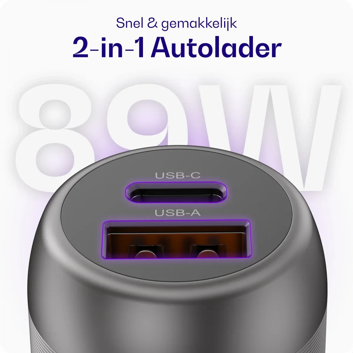 Buddi Power 89W USB-A / USB-C Autolader met USB-C naar USB-C Krulsnoer Kabel afbeelding 2