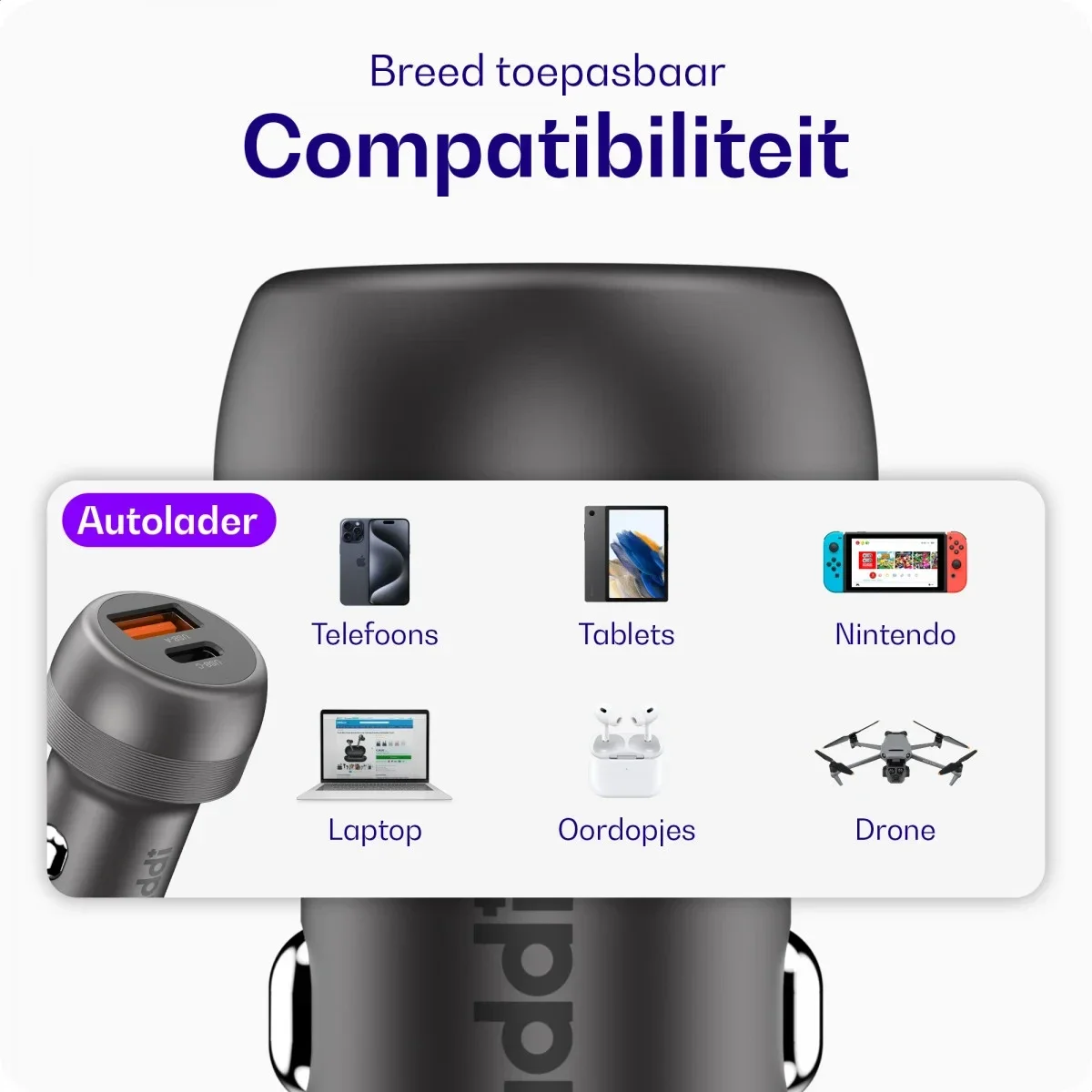 Buddi Power 89W USB-A / USB-C Autolader met USB-C naar USB-C Krulsnoer Kabel afbeelding 3