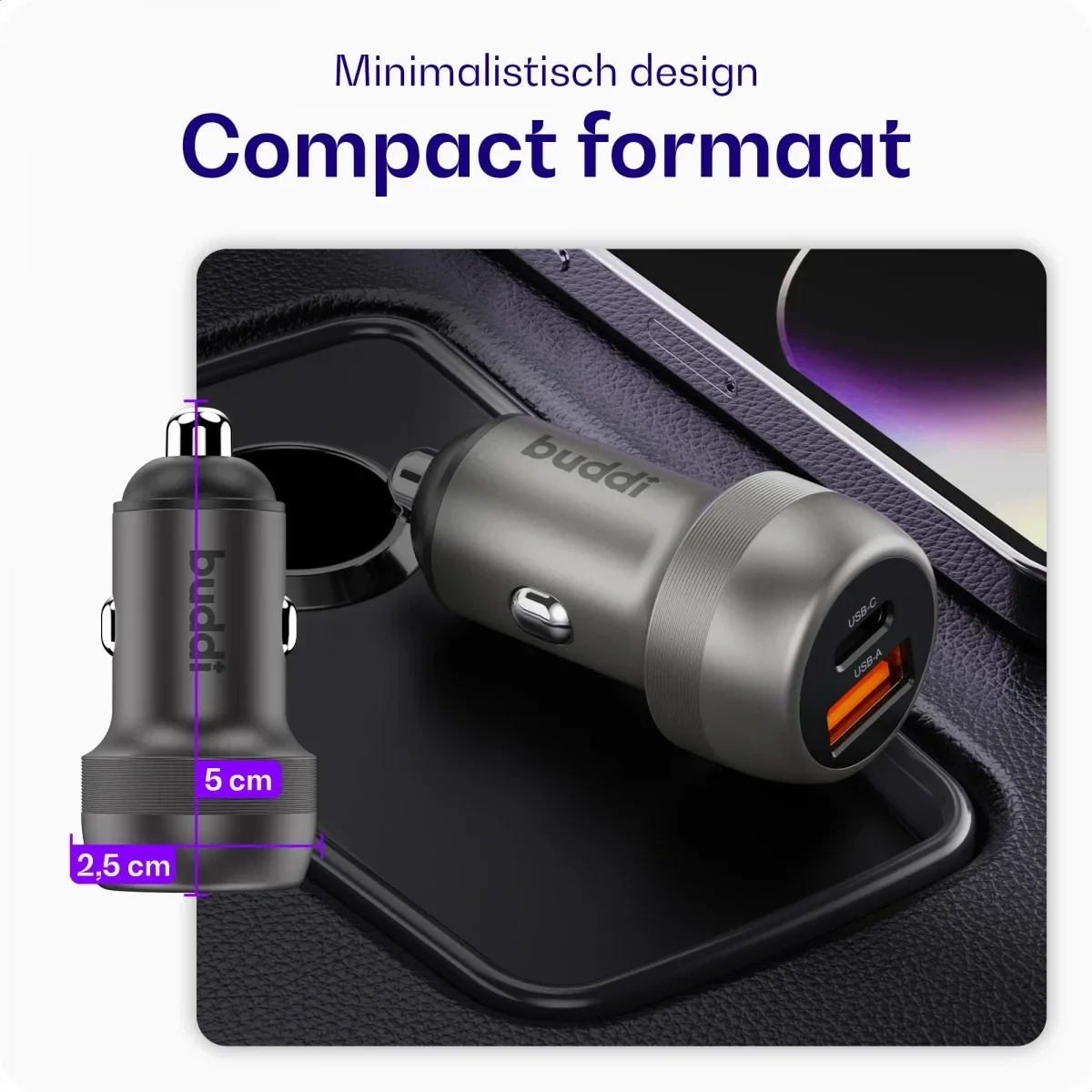 Buddi Power 89W USB-A / USB-C Autolader met USB-C naar USB-C Krulsnoer Kabel afbeelding 5