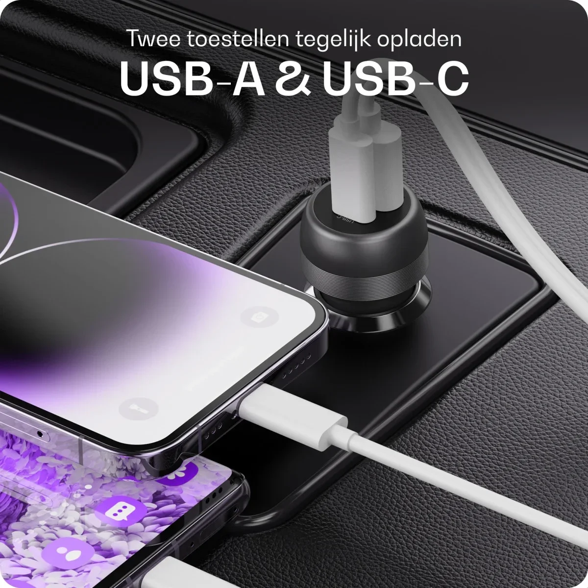 Buddi Power 89W USB-A / USB-C Autolader met USB-C naar USB-C Krulsnoer Kabel afbeelding 6