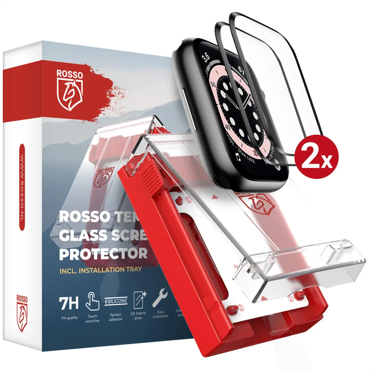 Rosso Apple Watch 44MM Tempered Glass - Screen Protector Installatietray 2-Pack afbeelding 1