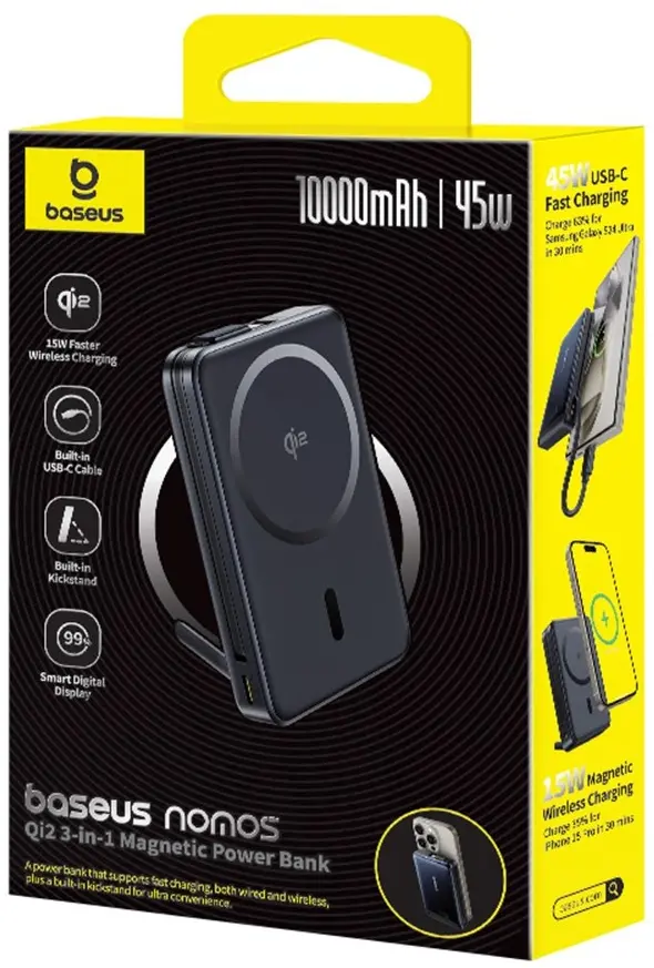 Baseus Nomos Kickstand Magnetische Qi2 Powerbank Draadloos Opladen 45W Zwart afbeelding 17