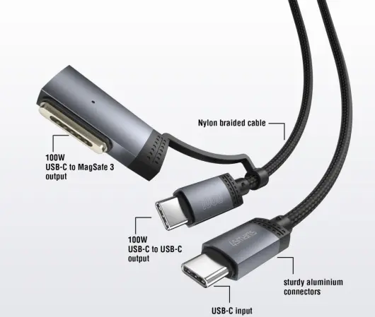 4Smarts MagSafe 3 Adapter en USB-C naar USB-C Kabel 100W 2M Zwart afbeelding 5