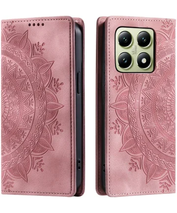 Xiaomi 14T Hoesje Mandala Book Case met Pasjeshouder Roze Goud Hoesjes