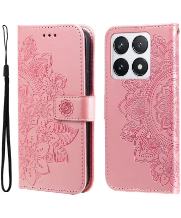 Xiaomi 14T Pro Hoesje Bloemen Print Wallet Book Case Roze Hoesjes