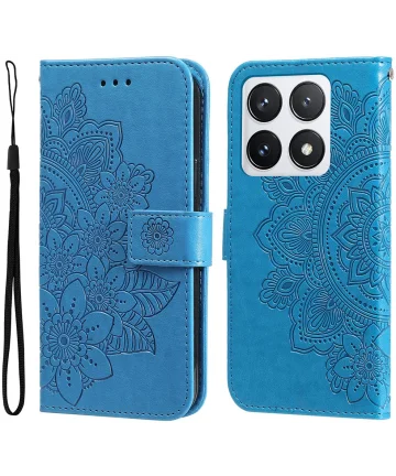 Xiaomi 14T Pro Hoesje Bloemen Print Wallet Book Case Blauw Hoesjes