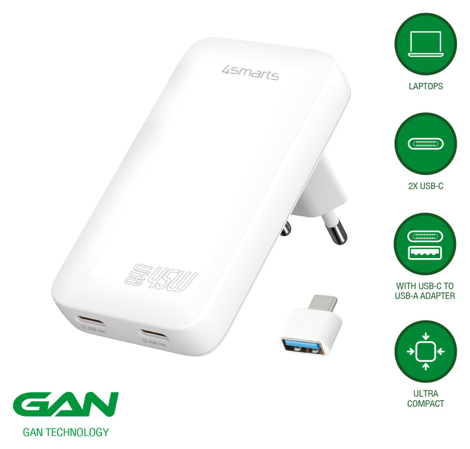 4smarts FlatPlug Slim Dual 45W Power Delivery Fast Charge USB-C Oplader Wit afbeelding 2