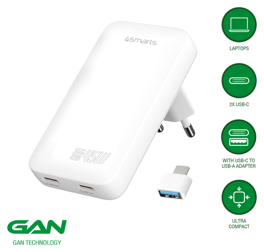 4smarts FlatPlug Slim Dual 45W Power Delivery Fast Charge USB-C Oplader Wit afbeelding 2