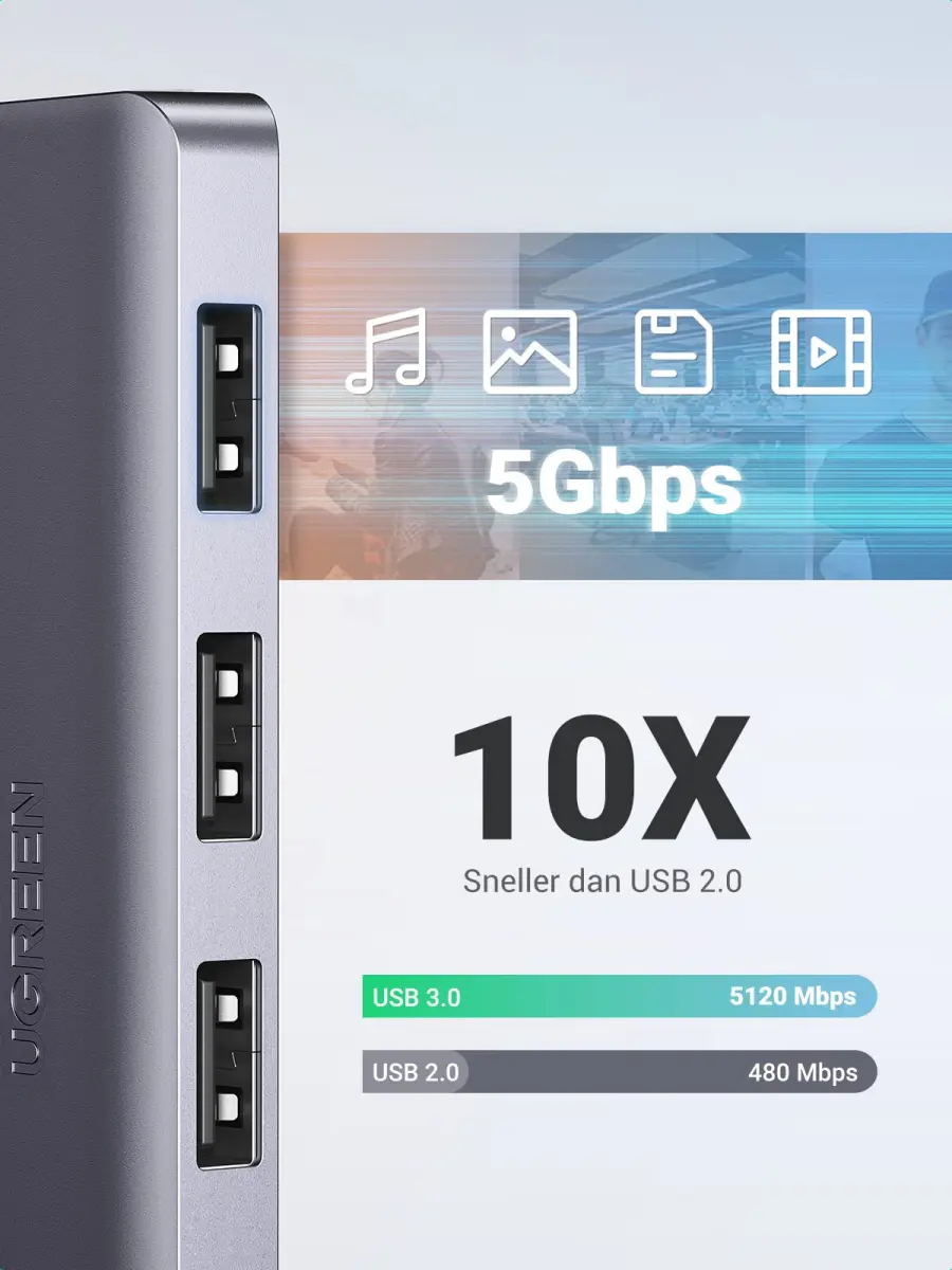 UGREEN USB-C Hub 4 USB-A Poorten 1 Micro-USB poort 5 Gbps Grijs afbeelding 3