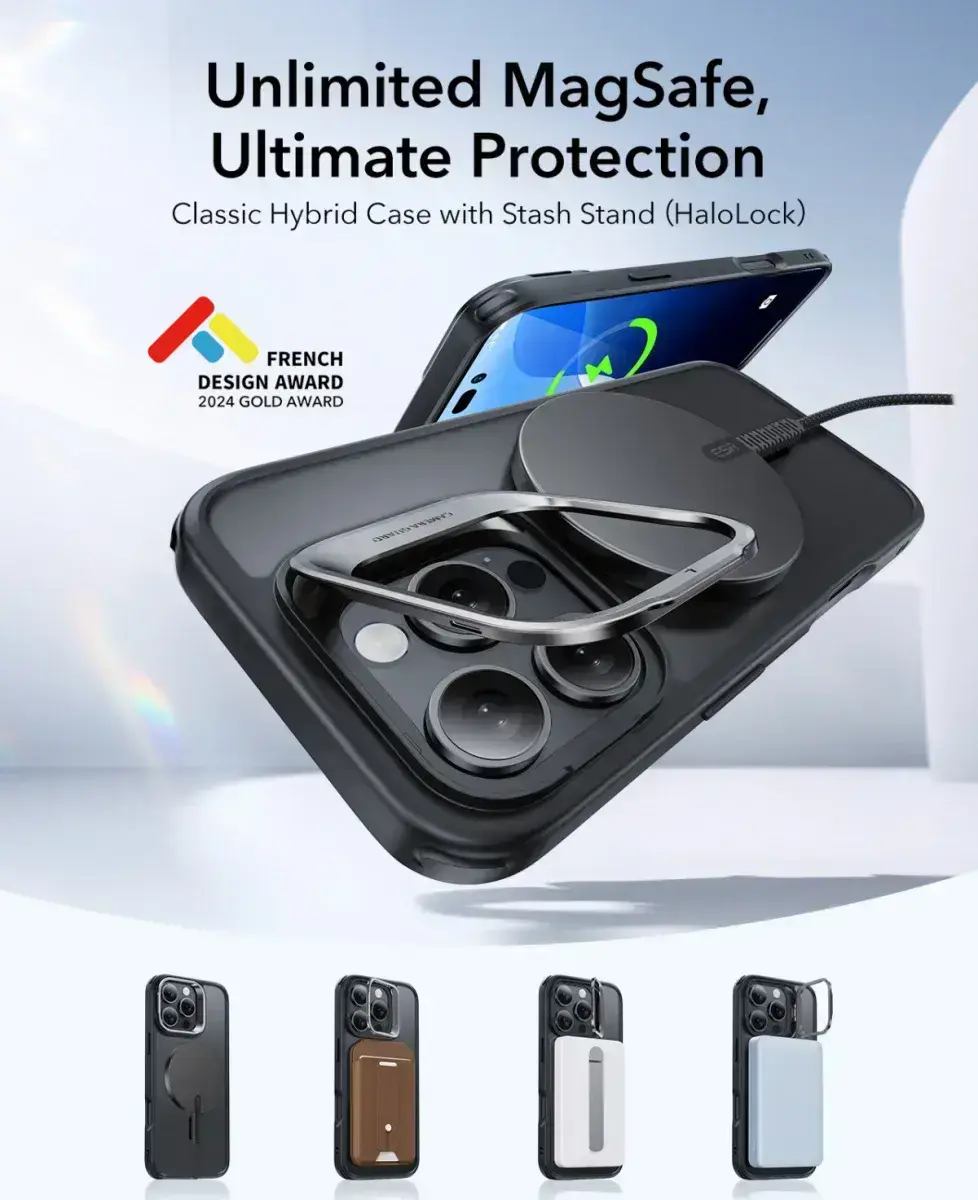 ESR Classic Hybrid MagSafe iPhone 16 Pro Max Hoes Stand Camera Knop Frost Zwart afbeelding 2