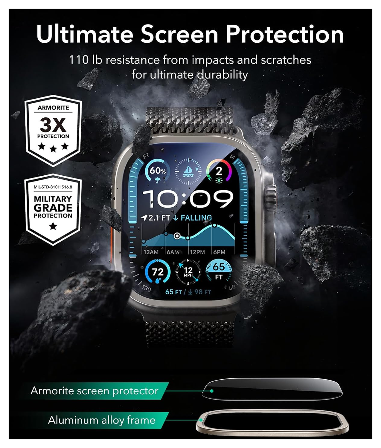 ESR Armorite - Apple Watch Ultra 3/2/1 Tempered Glass - Titanium (2-Pack) afbeelding 3