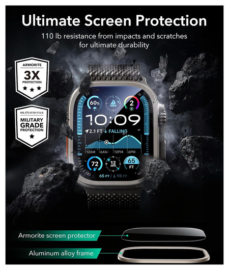 ESR Armorite - Apple Watch Ultra 3/2/1 Tempered Glass - Titanium (2-Pack) afbeelding 3