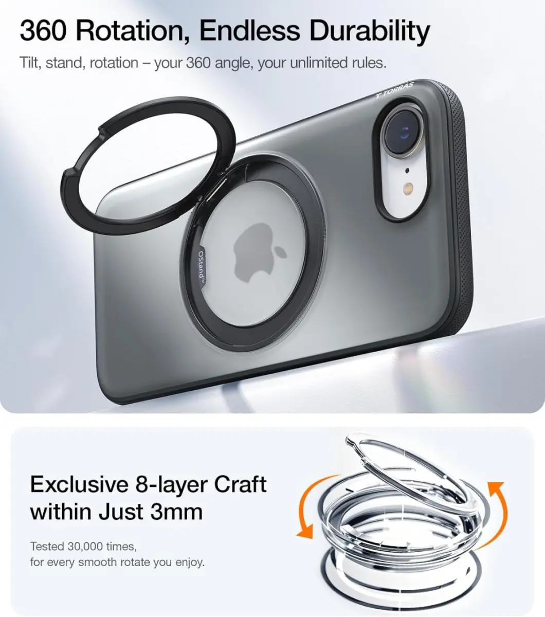 TORRAS Ostand Spin Apple iPhone 16e Hoesje 360° MagSafe Stand Zwart afbeelding 4