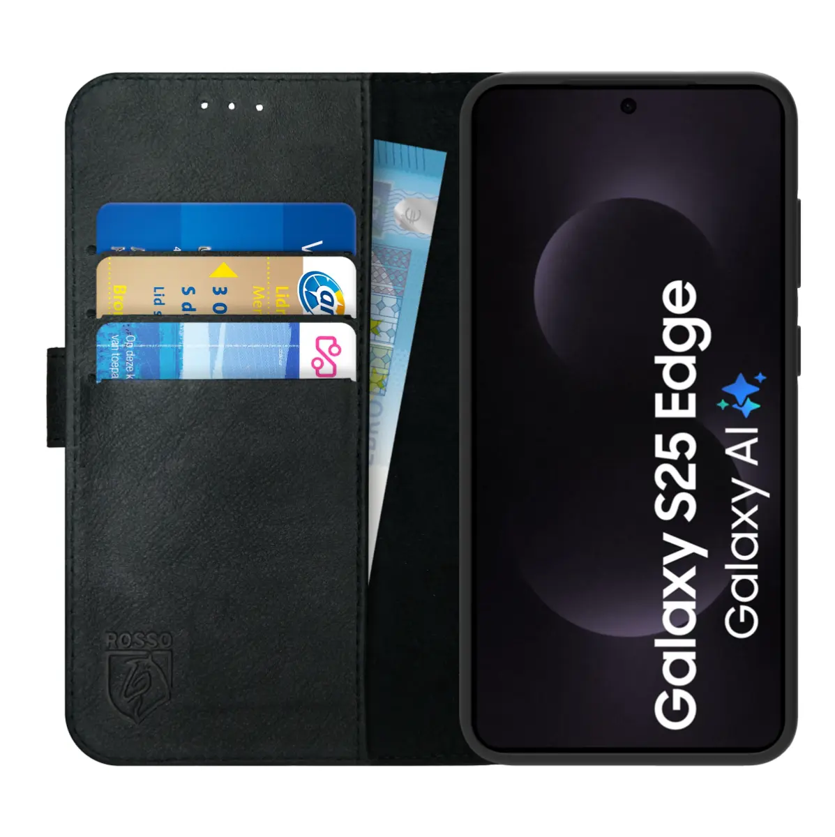 Rosso Deluxe Samsung Galaxy S25 Edge Hoesje Echt Leer Book Case Zwart afbeelding 1