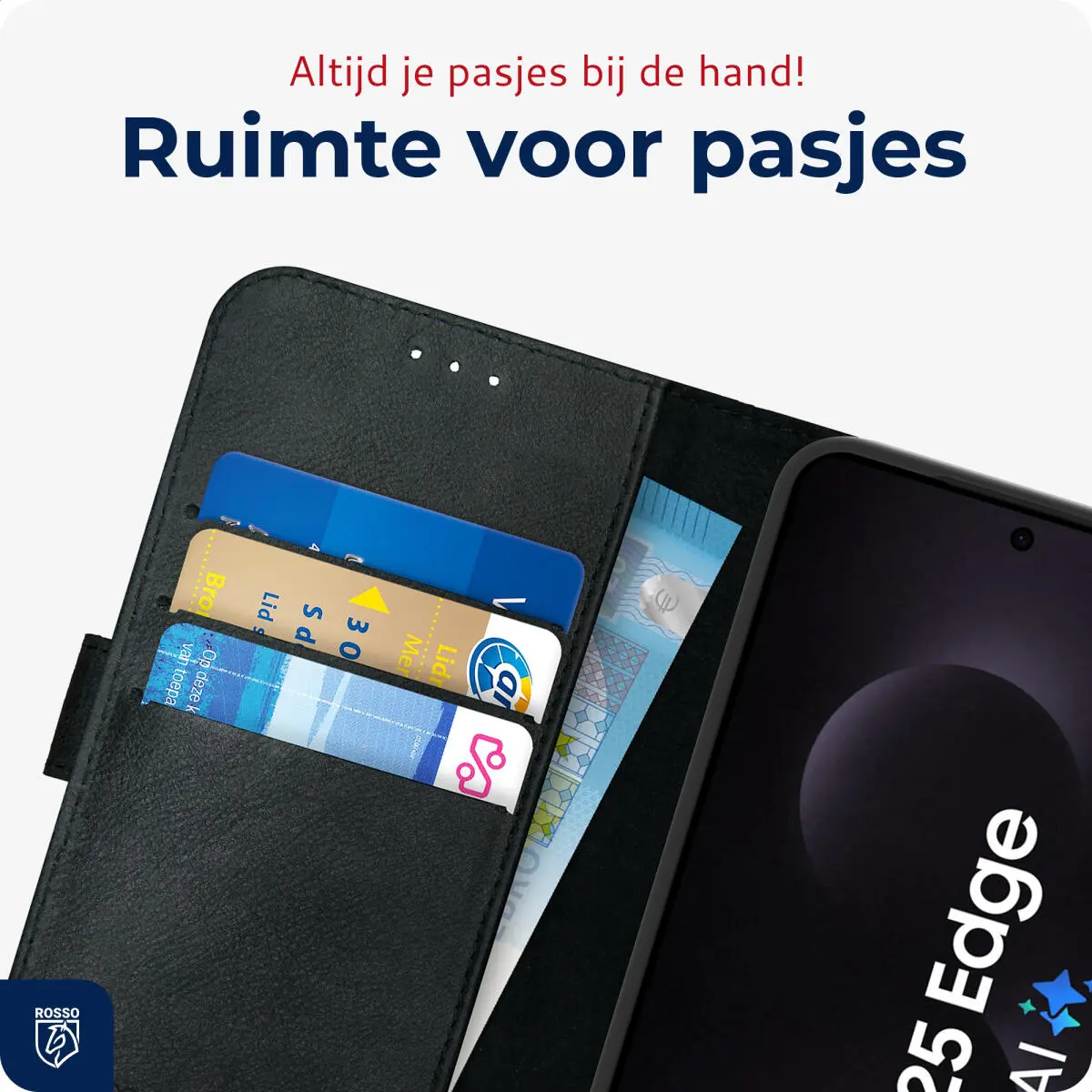 Rosso Deluxe Samsung Galaxy S25 Edge Hoesje Echt Leer Book Case Zwart afbeelding 5