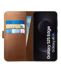 Rosso Deluxe Samsung Galaxy S25 Edge Hoesje Echt Leer Book Case Bruin afbeelding