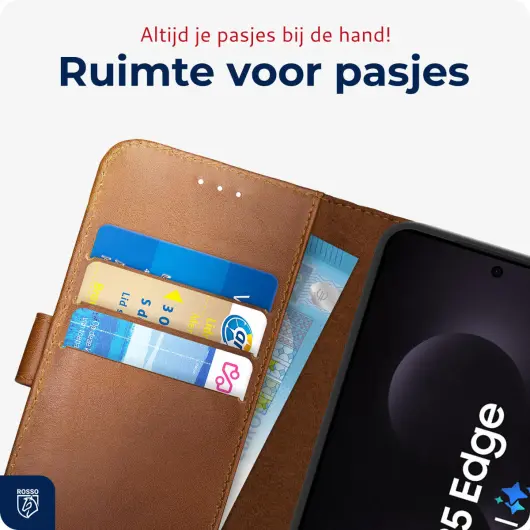 Rosso Deluxe Samsung Galaxy S25 Edge Hoesje Echt Leer Book Case Bruin afbeelding 5