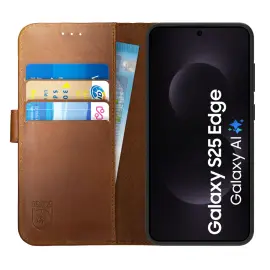 Rosso Deluxe Samsung Galaxy S25 Edge Hoesje Echt Leer Book Case Bruin