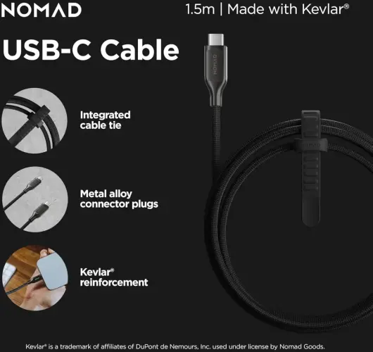 Nomad Kevlar USB-C naar USB-C Kabel 240W Power Delivery Fast Charge 1.5M Zwart afbeelding 3