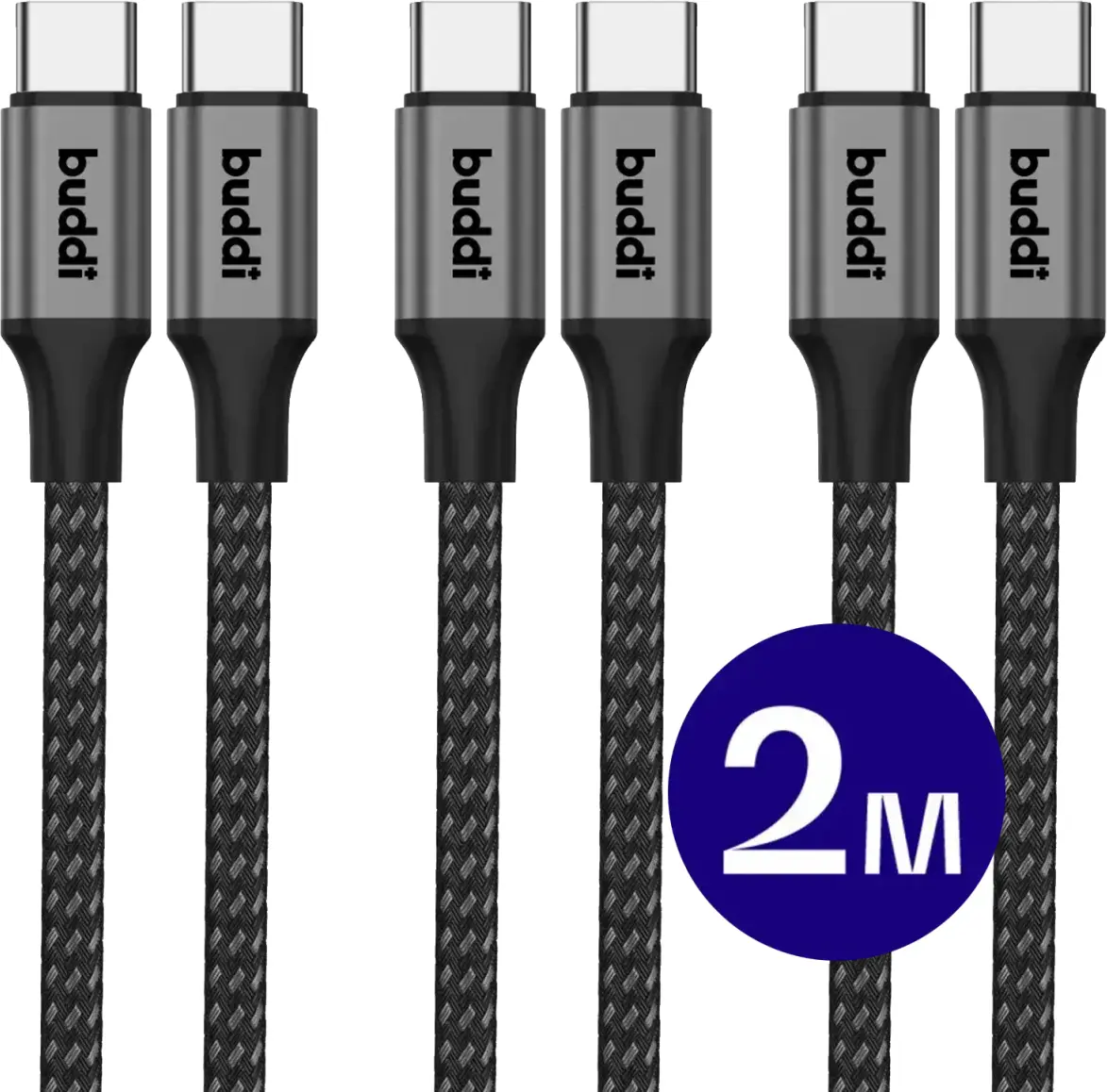 Buddi Flex USB-C naar USB-C Kabel 60W Fast Charge 2M Zwart - 3-pack afbeelding 1