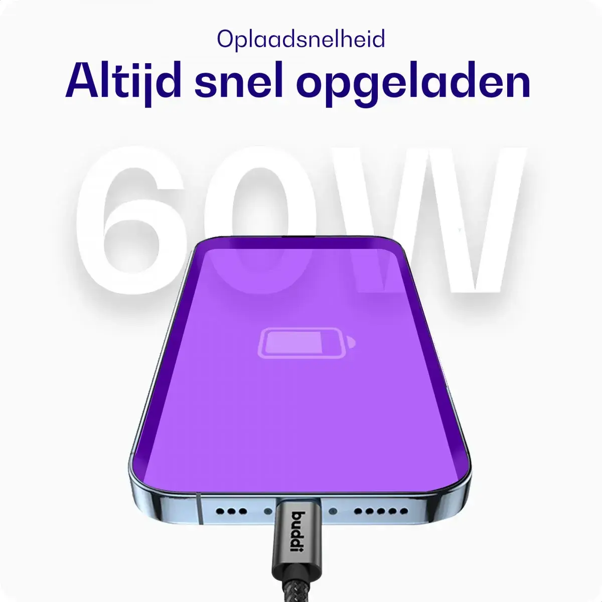 Buddi Flex USB-C naar USB-C Kabel 60W Fast Charge 2M Zwart - 3-pack afbeelding 2