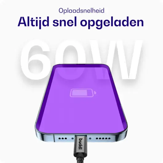 Buddi Flex USB-C naar USB-C Kabel 60W Fast Charge 2M Zwart - 3-pack afbeelding 2
