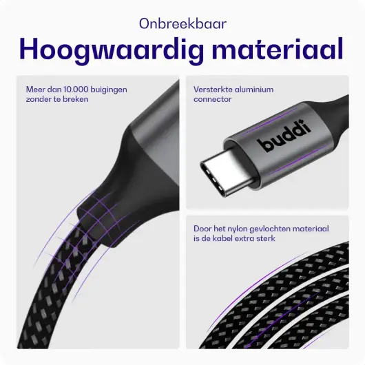 Buddi Flex USB-C naar USB-C Kabel 60W Fast Charge 2M Zwart - 3-pack afbeelding 3