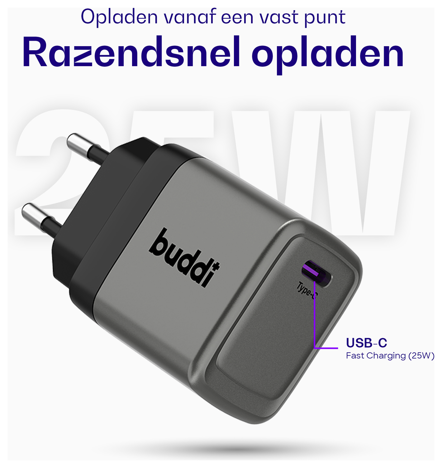 Buddi Power 25W Power Adapter Fast Charge USB-C Snellader Grijs afbeelding 3