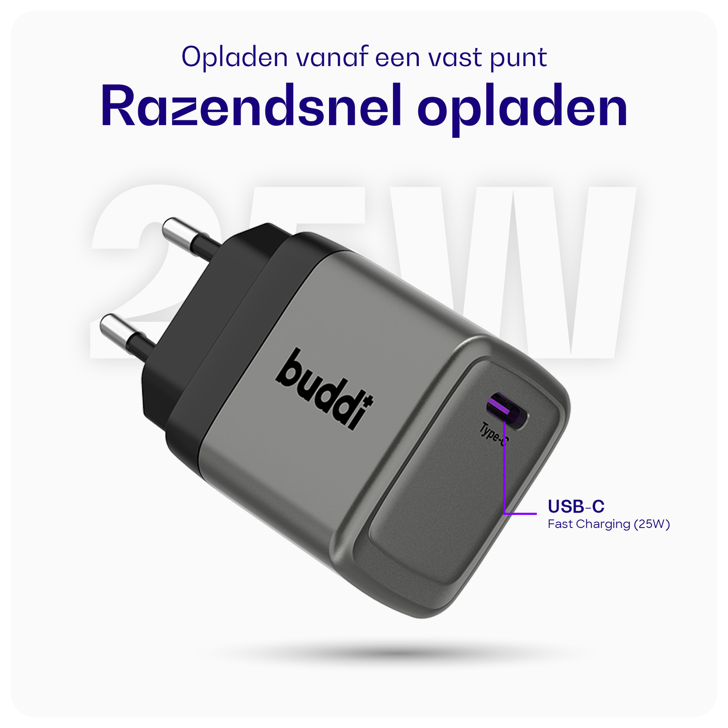 Buddi Power 25W Power Adapter Fast Charge USB-C Snellader Grijs afbeelding 3