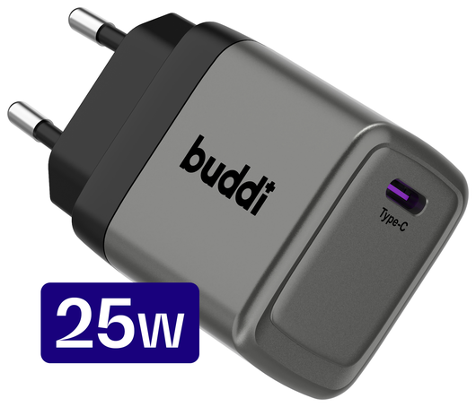 Buddi Power 25W Power Adapter Fast Charge USB-C Snellader Grijs afbeelding 1