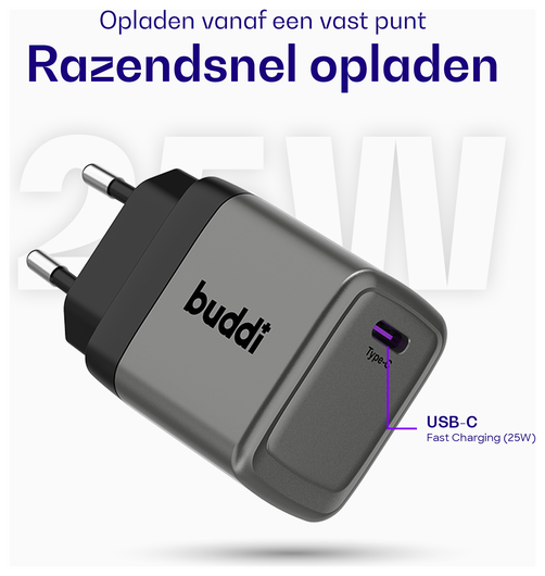 Buddi Power 25W Power Adapter Fast Charge USB-C Snellader Grijs afbeelding 3