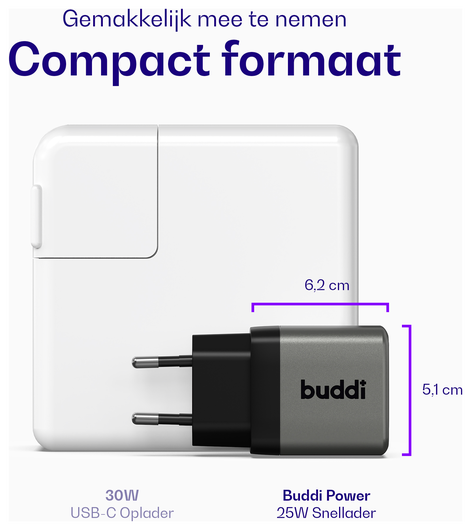 Buddi Power 25W Power Adapter Fast Charge USB-C Snellader Grijs afbeelding 4