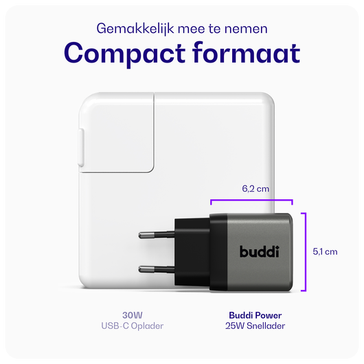 Buddi Power 25W Power Adapter Fast Charge USB-C Snellader Grijs afbeelding 4