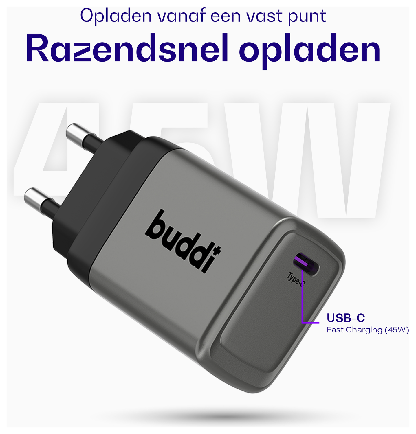Buddi Power 45W Power Adapter Fast Charge USB-C Snellader Grijs afbeelding 3