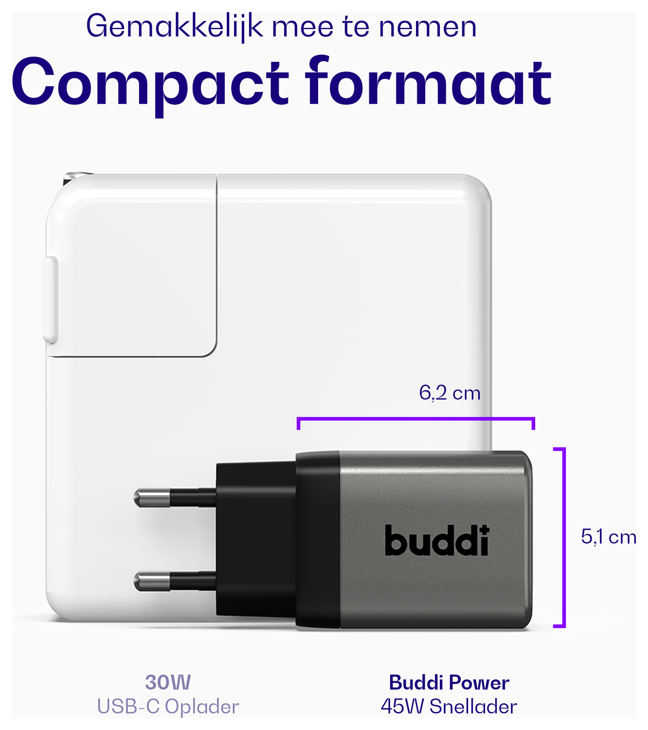 Buddi Power 45W Power Adapter Fast Charge USB-C Snellader Grijs afbeelding 4