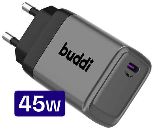 Buddi Power 45W Power Adapter Fast Charge USB-C Snellader Grijs afbeelding 1