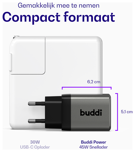 Buddi Power 45W Power Adapter Fast Charge USB-C Snellader Grijs afbeelding 4