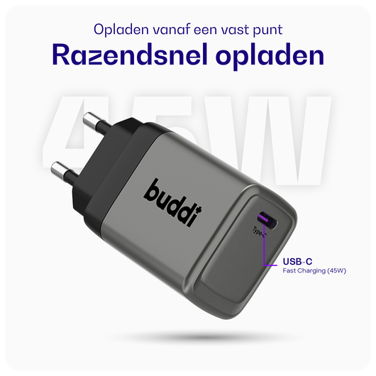 Buddi Power 45W Power Adapter Fast Charge USB-C Snellader Grijs afbeelding 3