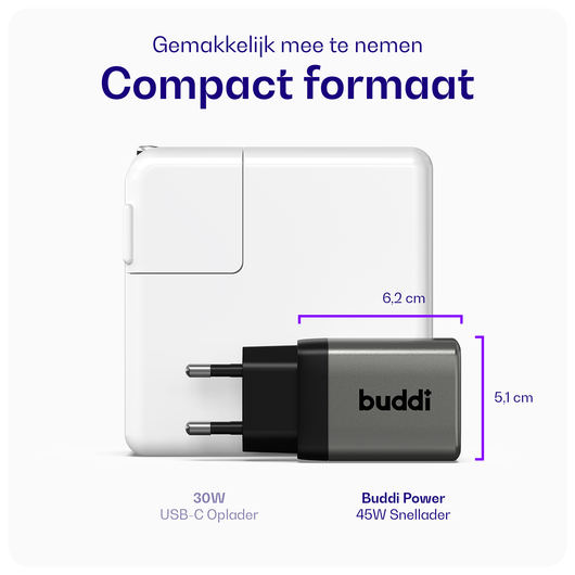Buddi Power 45W Power Adapter Fast Charge USB-C Snellader Grijs afbeelding 4