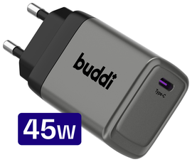Buddi Power 45W Power Adapter Fast Charge USB-C Snellader Grijs