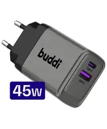 Buddi Power 45W Power Adapter Fast Charge USB-C + USB-A Snellader Grijs afbeelding