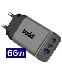 Buddi Power 65W Power Adapter Fast Charge 2x USB-C + USB-A Snellader Grijs afbeelding