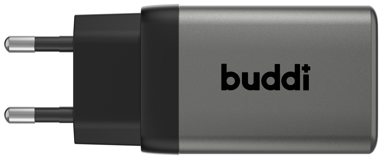 Buddi Power 65W Power Adapter Fast Charge 2x USB-C + USB-A Snellader Grijs afbeelding 2