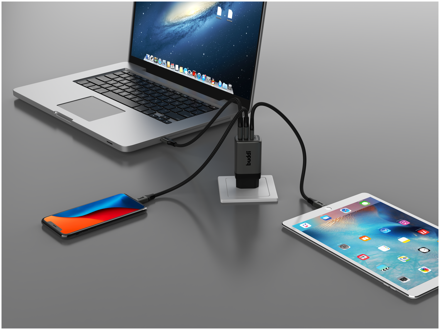 Buddi Power 65W Power Adapter Fast Charge 2x USB-C + USB-A Snellader Grijs afbeelding 14